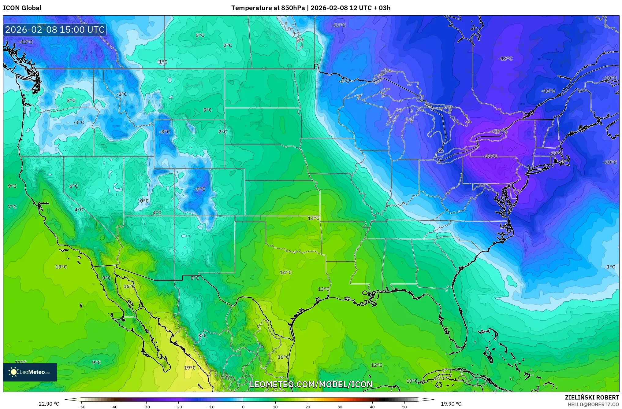 ICON model - United States, Temperature at 850hPa