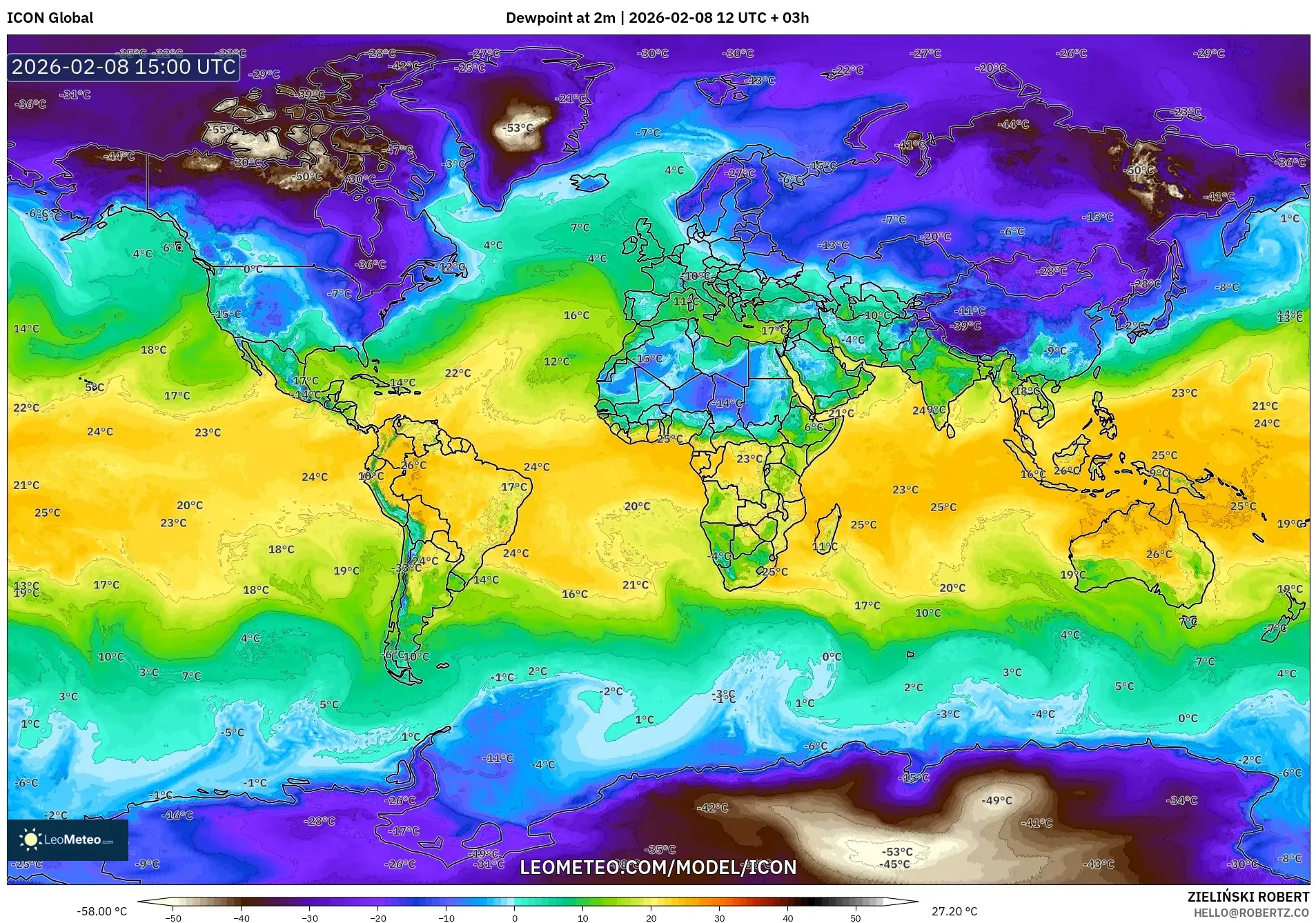 ICON model - World, Dewpoint at 2m