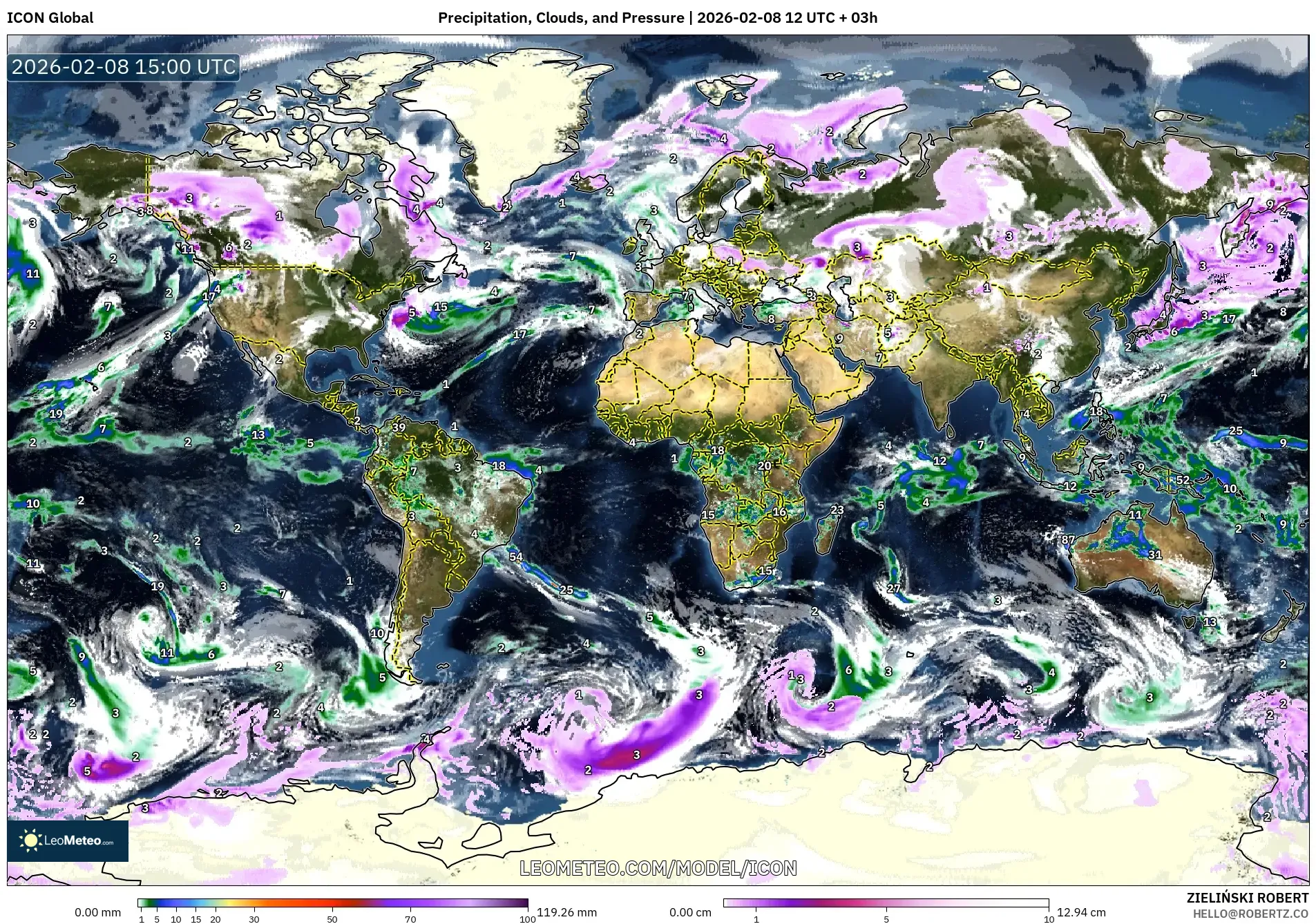 ICON model - World, Precipitation, Clouds, and Pressure