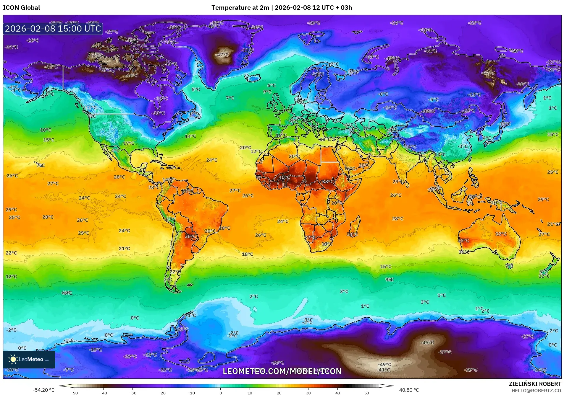 ICON model - World, Temperature at 2m