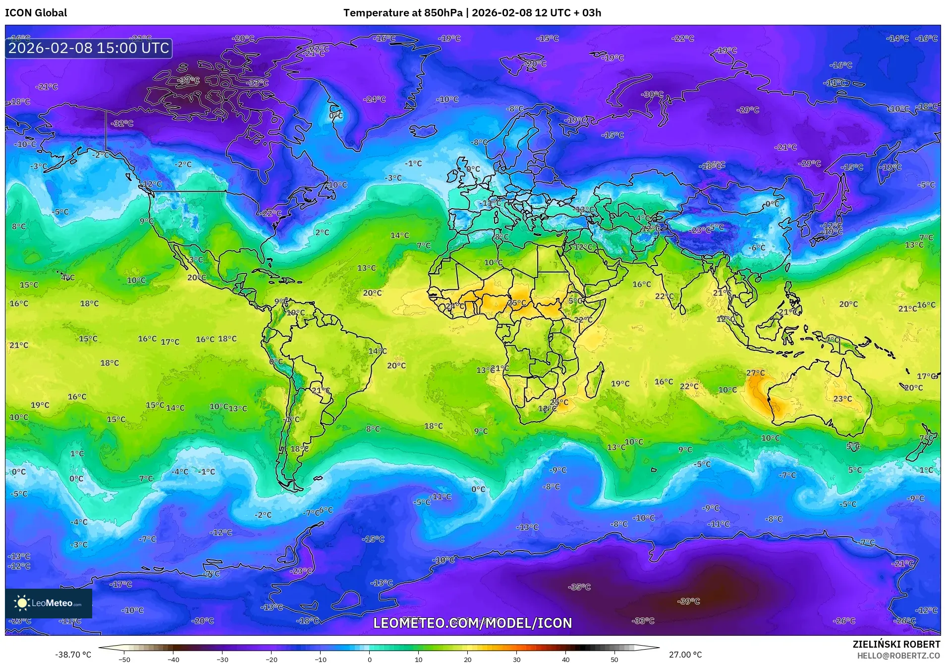 ICON model - World, Temperature at 850hPa