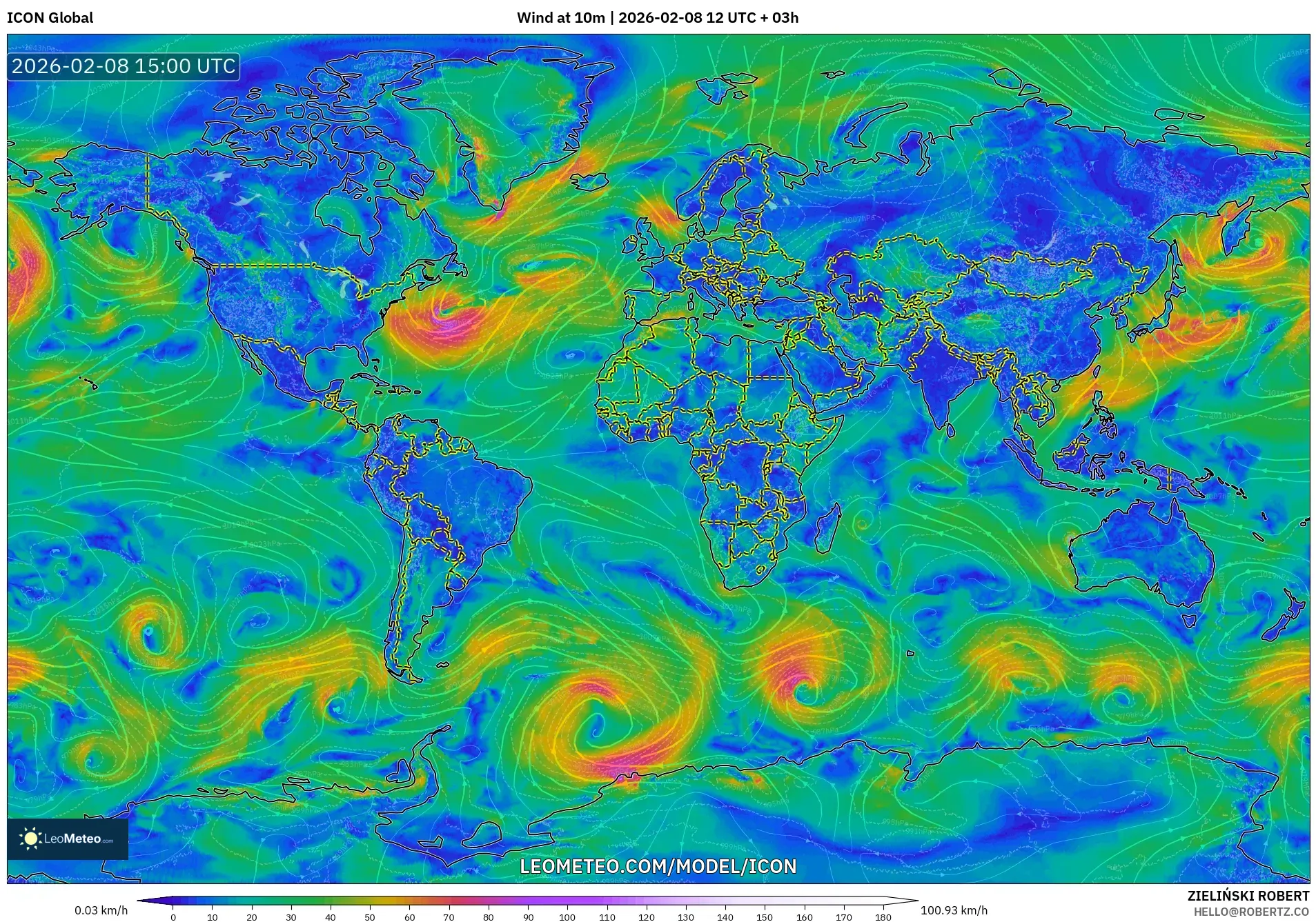 ICON model - World, Wind at 10m