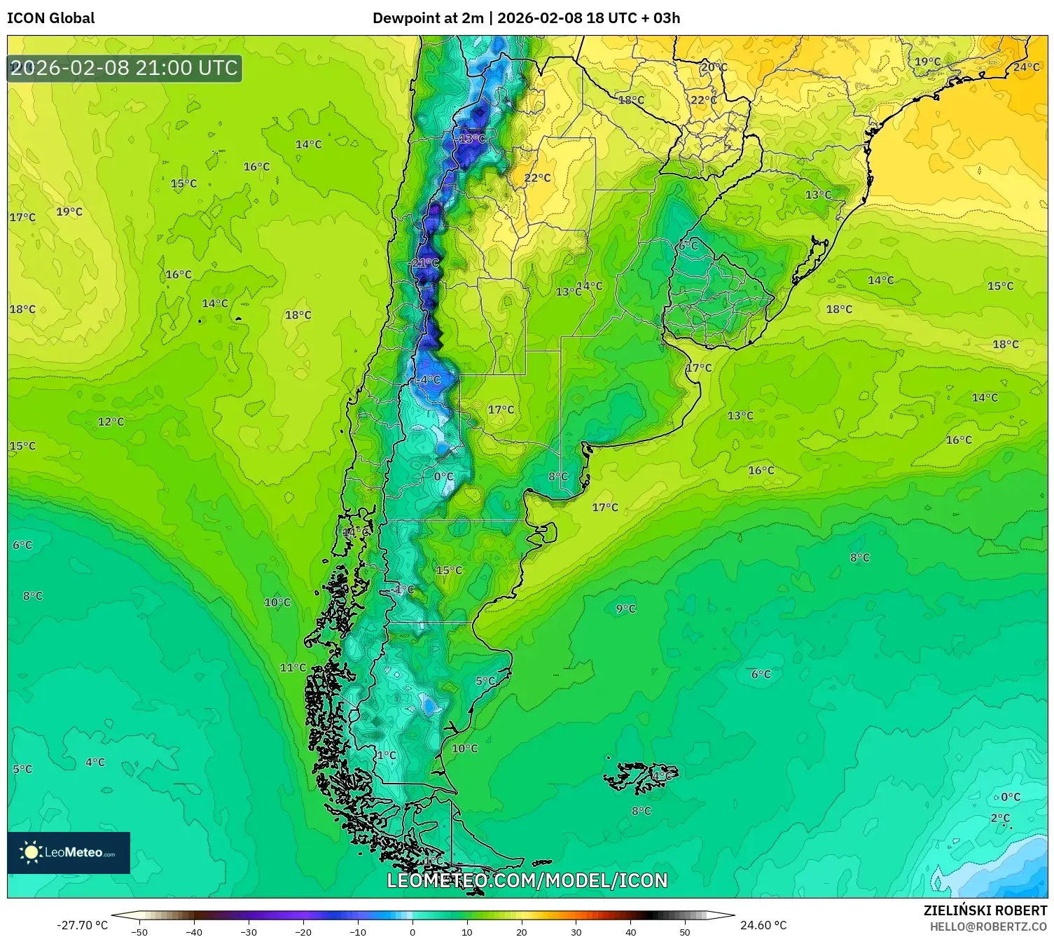 ICON model - Argentina, Dewpoint at 2m