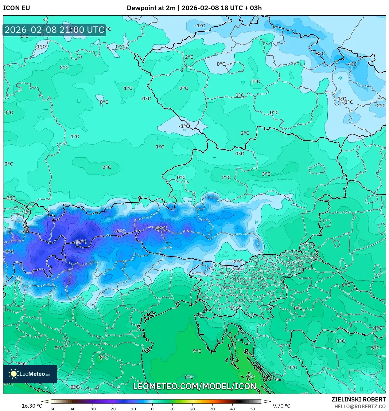 ICON model - Austria, Dewpoint at 2m