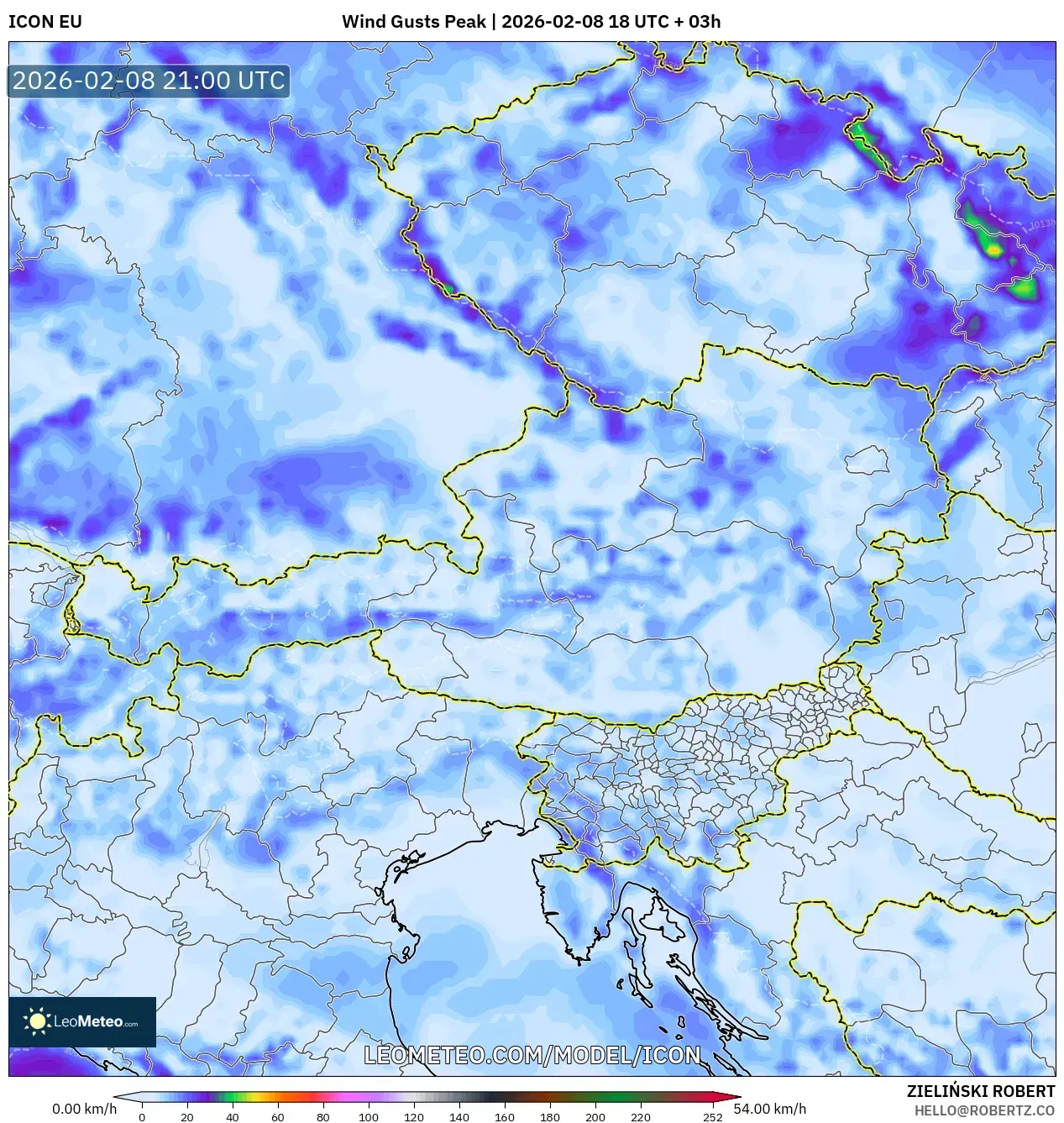 ICON model - Austria, Wind Gusts Peak