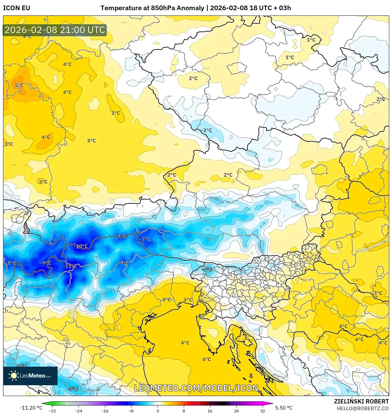 ICON model - Austria, Temperature at 850hPa Anomaly