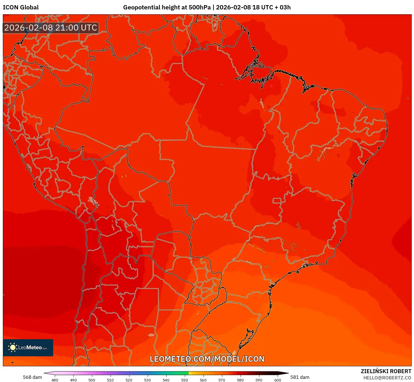 ICON model - Brazil, Geopotential height at 500hPa