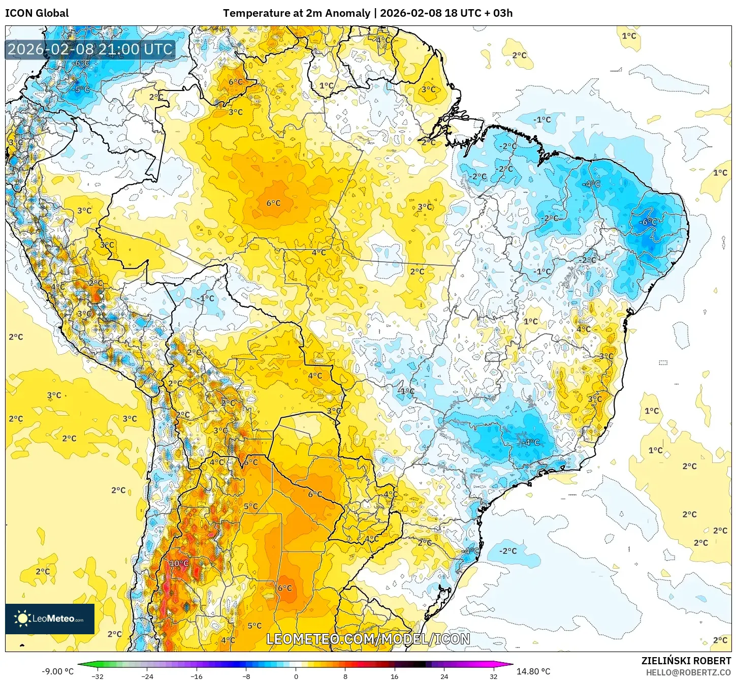ICON model - Brazil, Temperature at 2m Anomaly