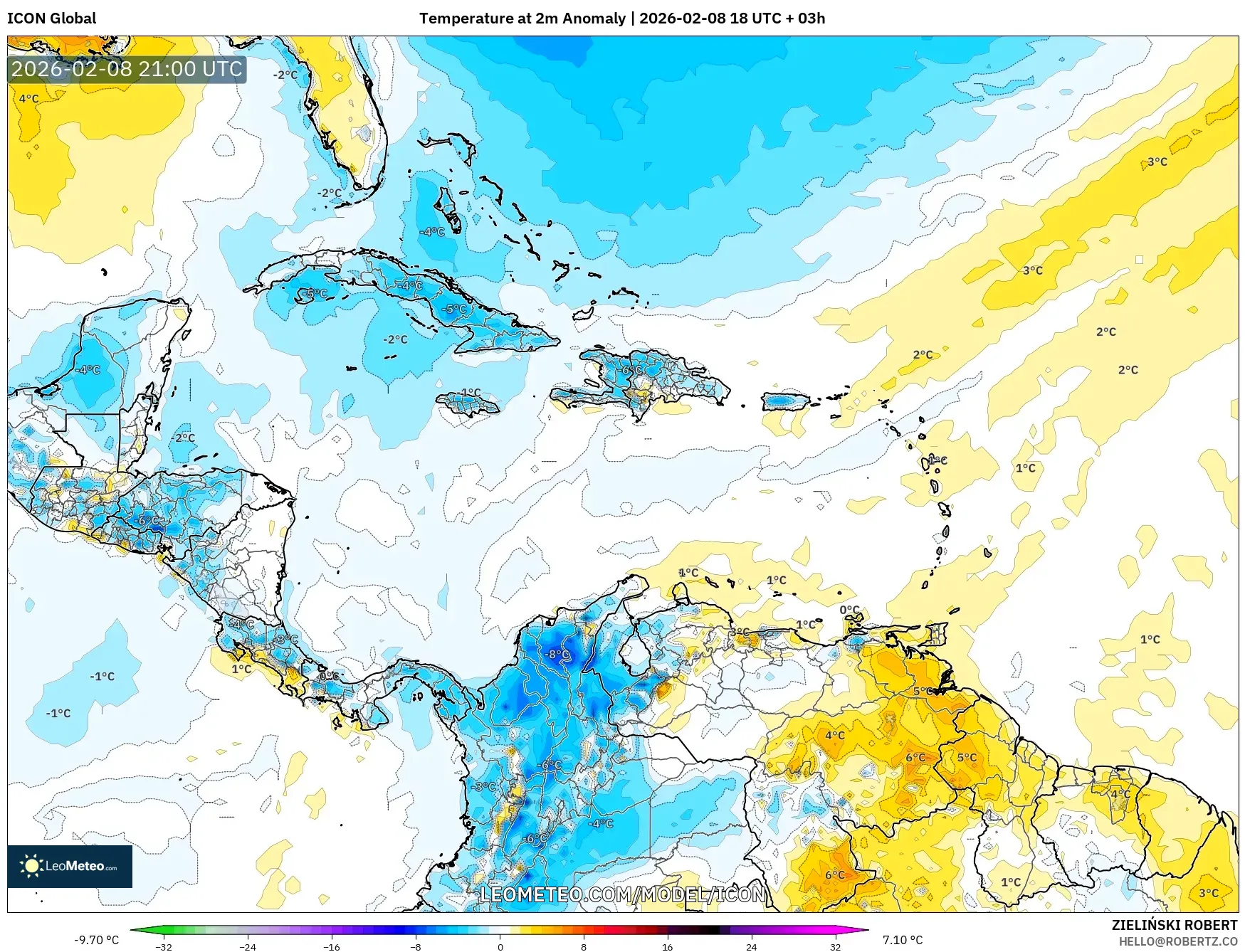 ICON model - Karibia, Anomali Suhu 2 m
