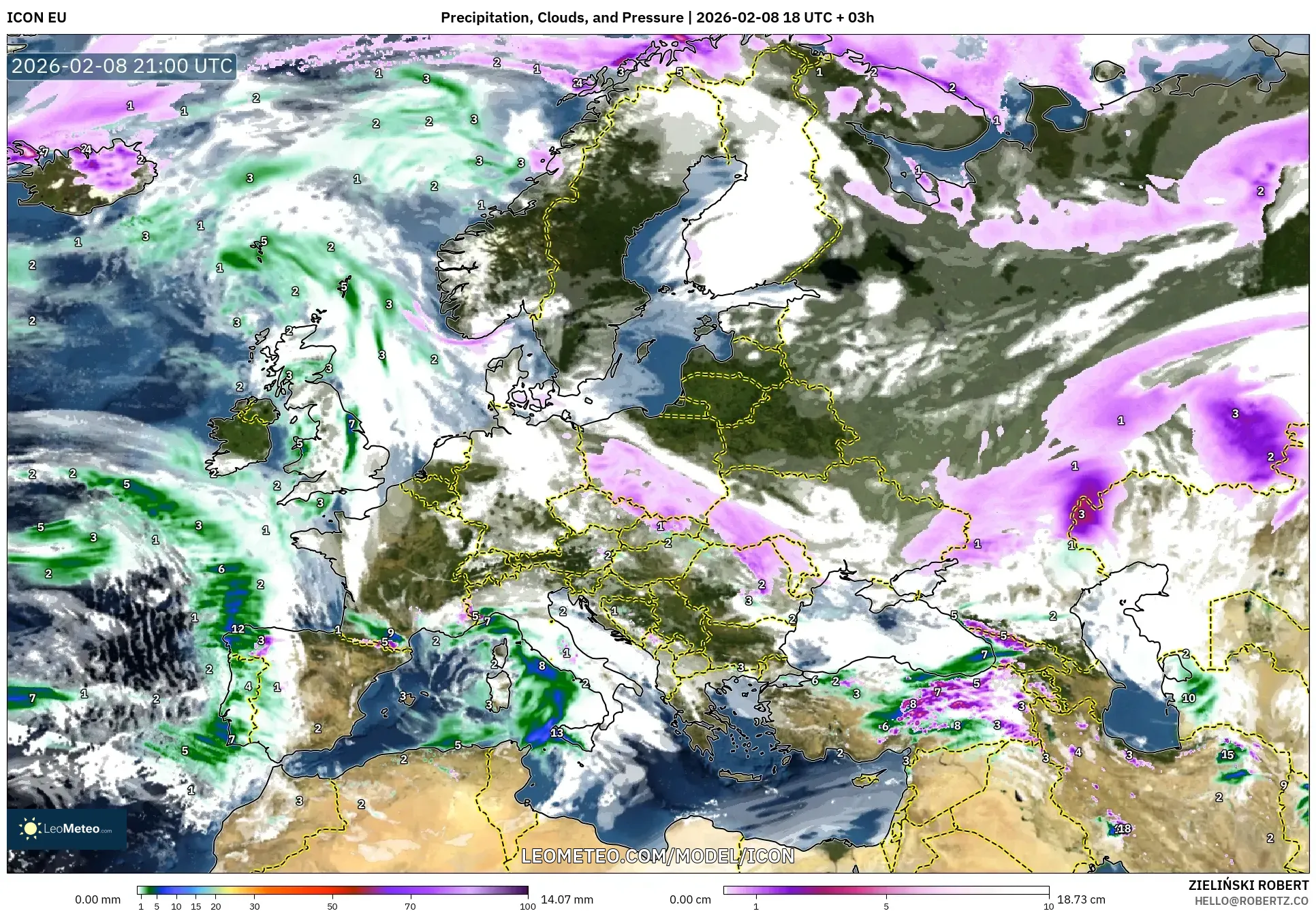 ICON model - Eropa, Curah Hujan, Awan, dan Tekanan