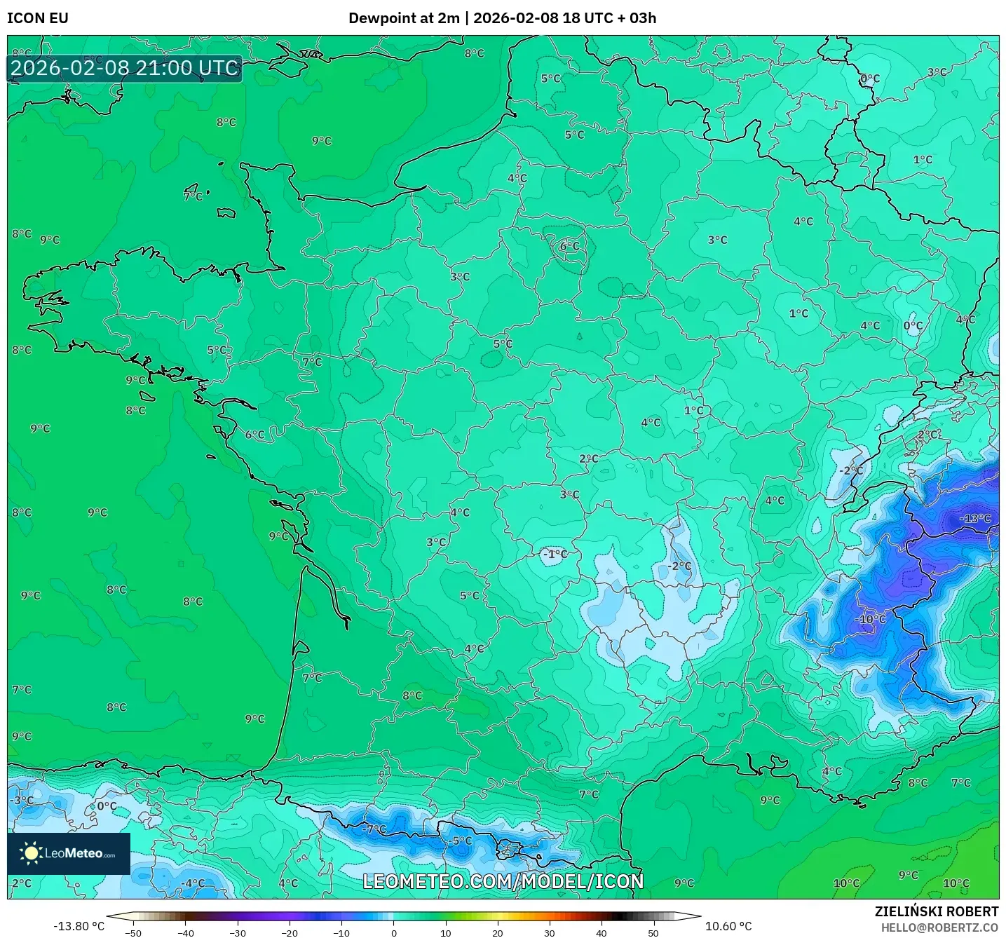 ICON model - France, Dewpoint at 2m