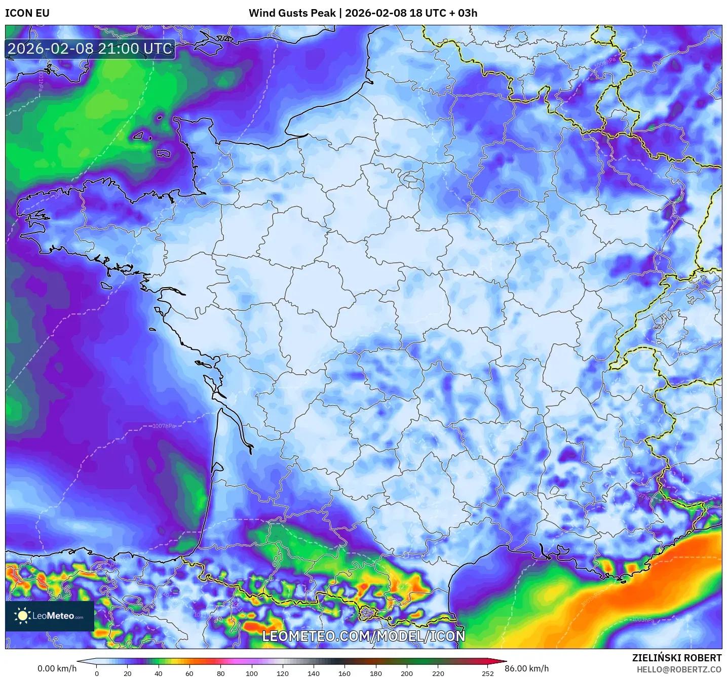 ICON model - France, Wind Gusts Peak