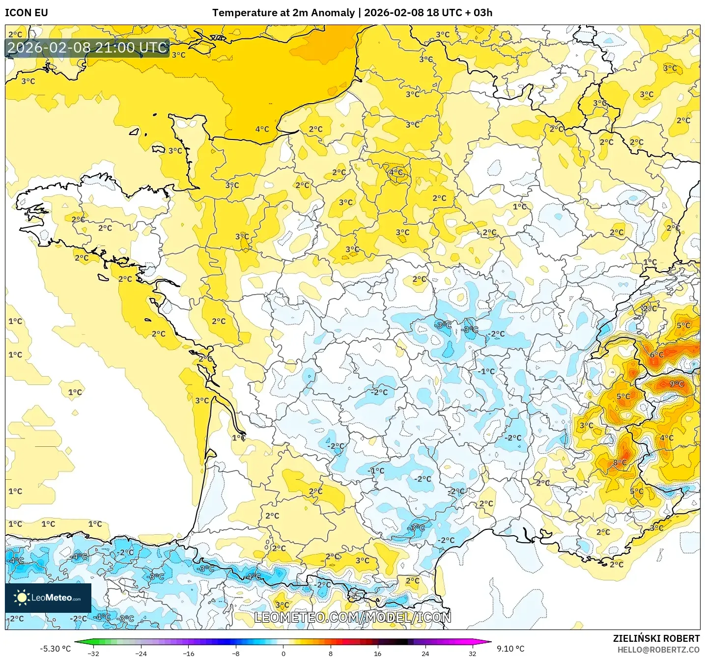 ICON model - France, Temperature at 2m Anomaly
