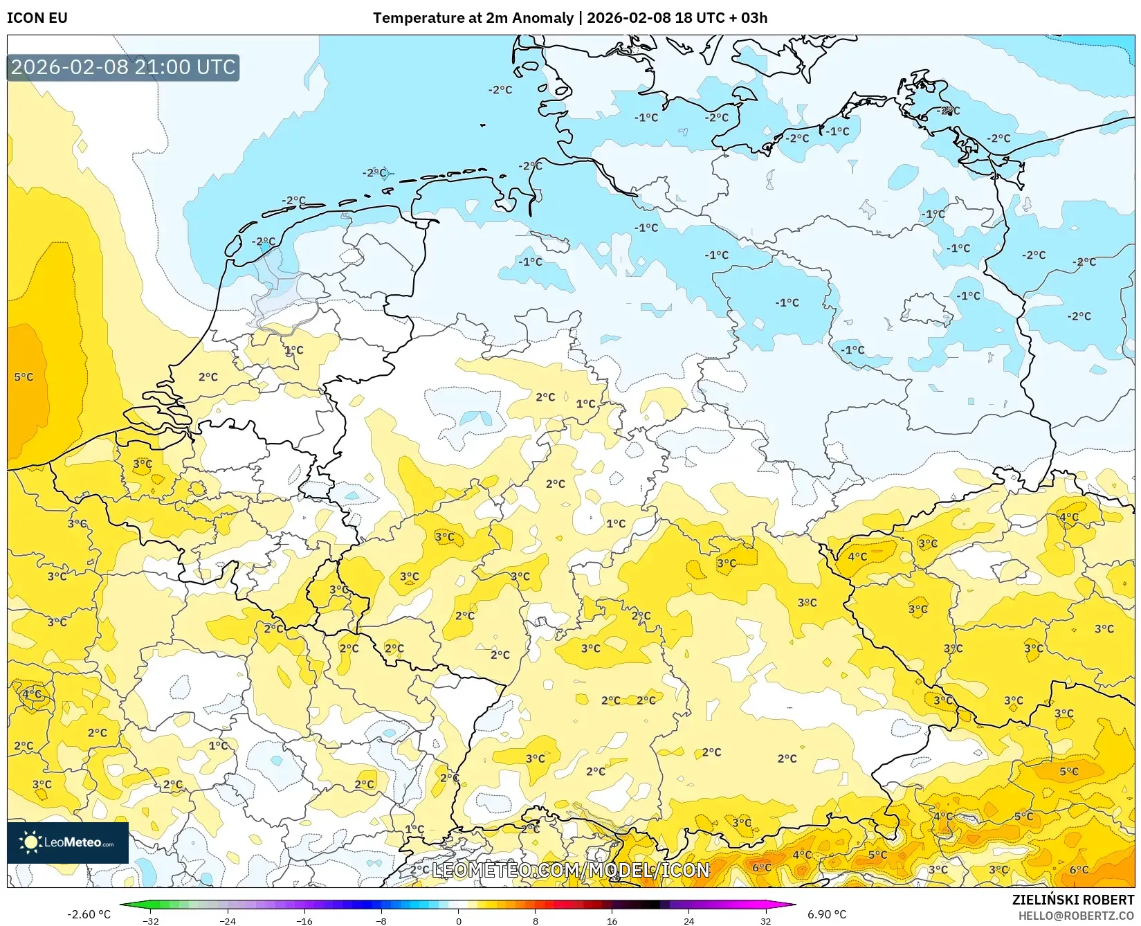 ICON model - Germany, Temperature at 2m Anomaly