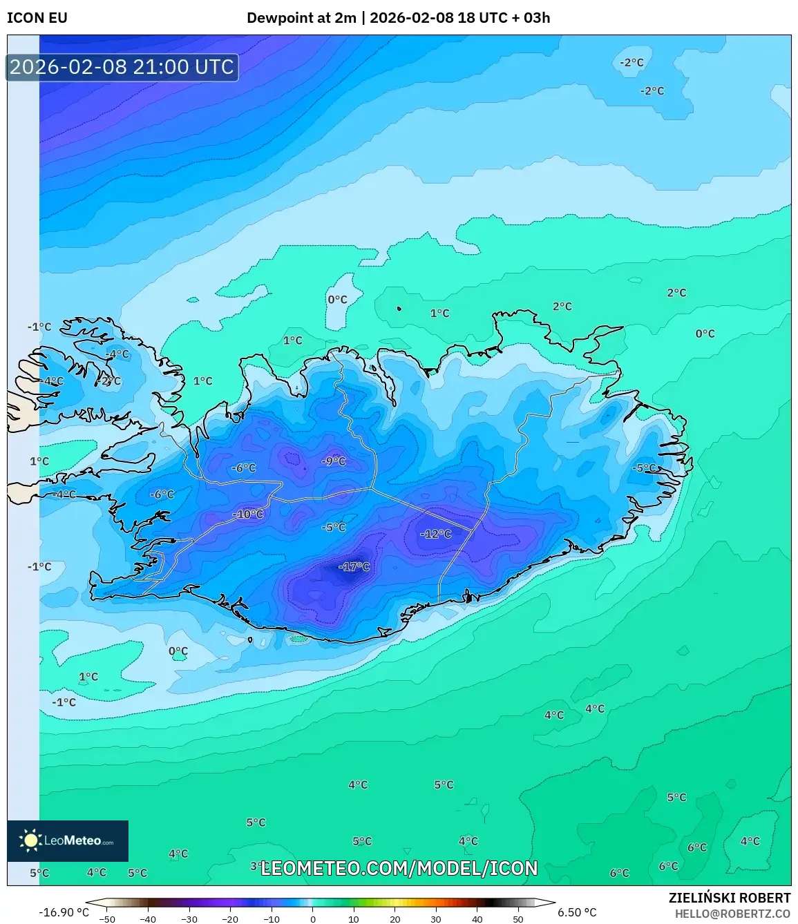 ICON model - Iceland, Dewpoint at 2m