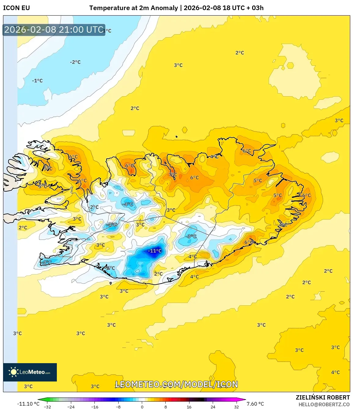 ICON model - Iceland, Temperature at 2m Anomaly