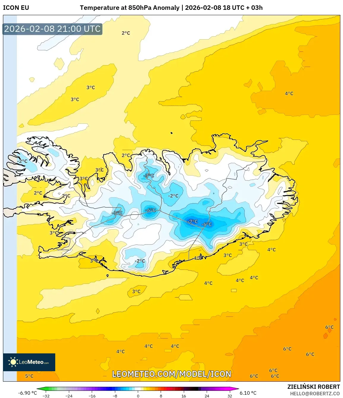 ICON model - Iceland, Temperature at 850hPa Anomaly