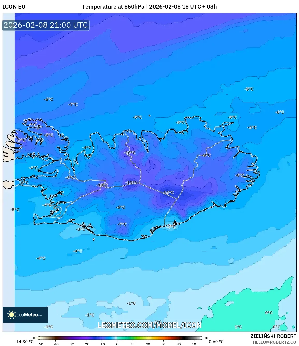 ICON model - Iceland, Temperature at 850hPa