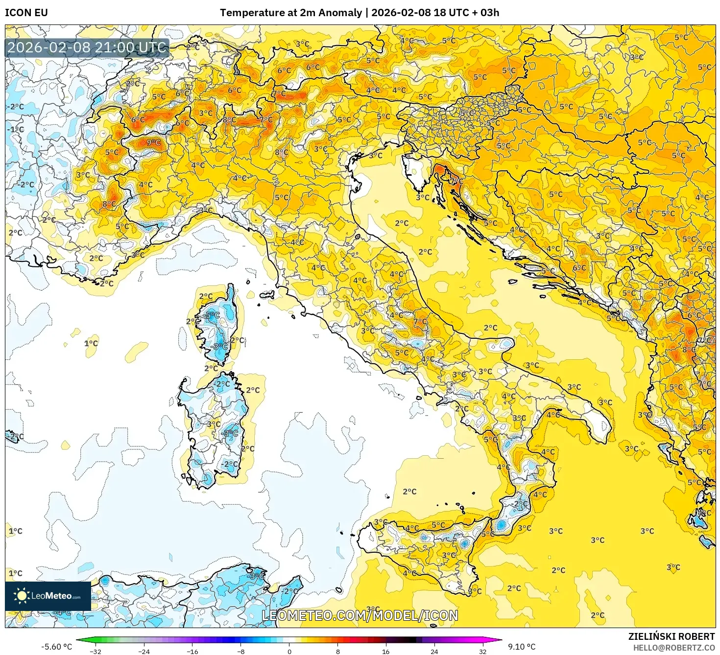 ICON model - Italy, Temperature at 2m Anomaly