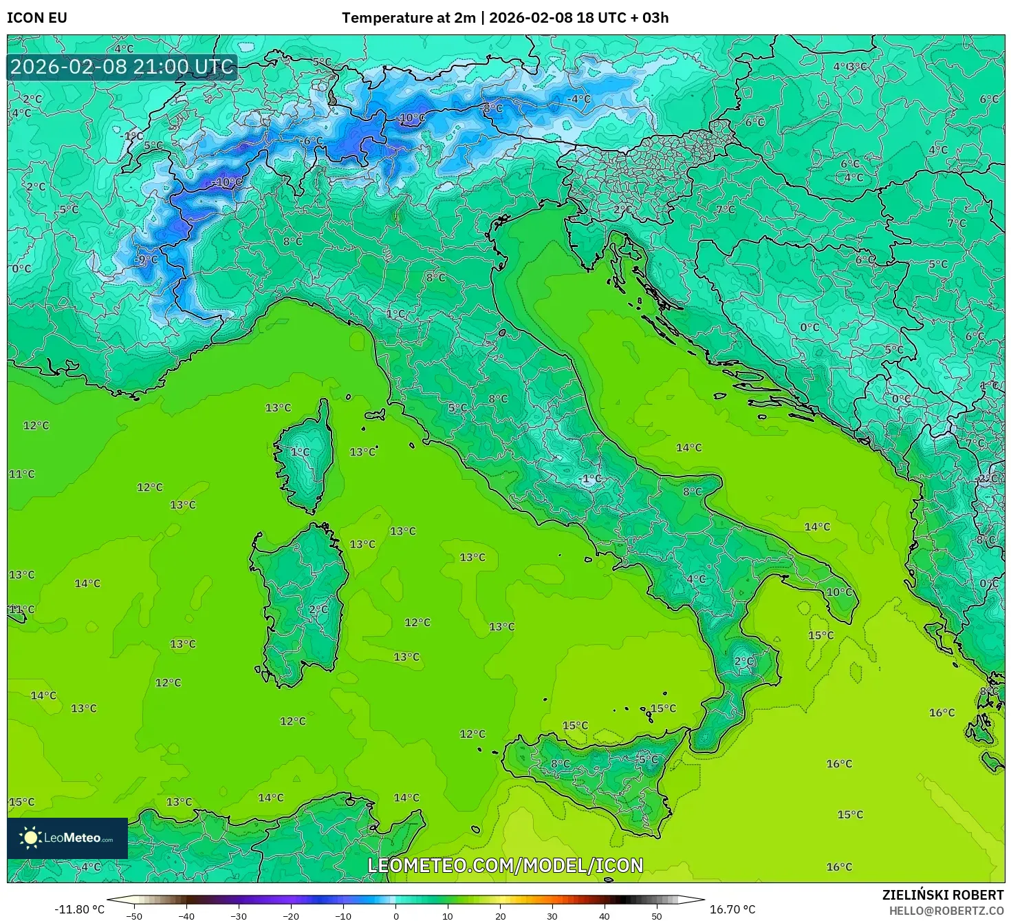 ICON model - Italy, Temperature at 2m