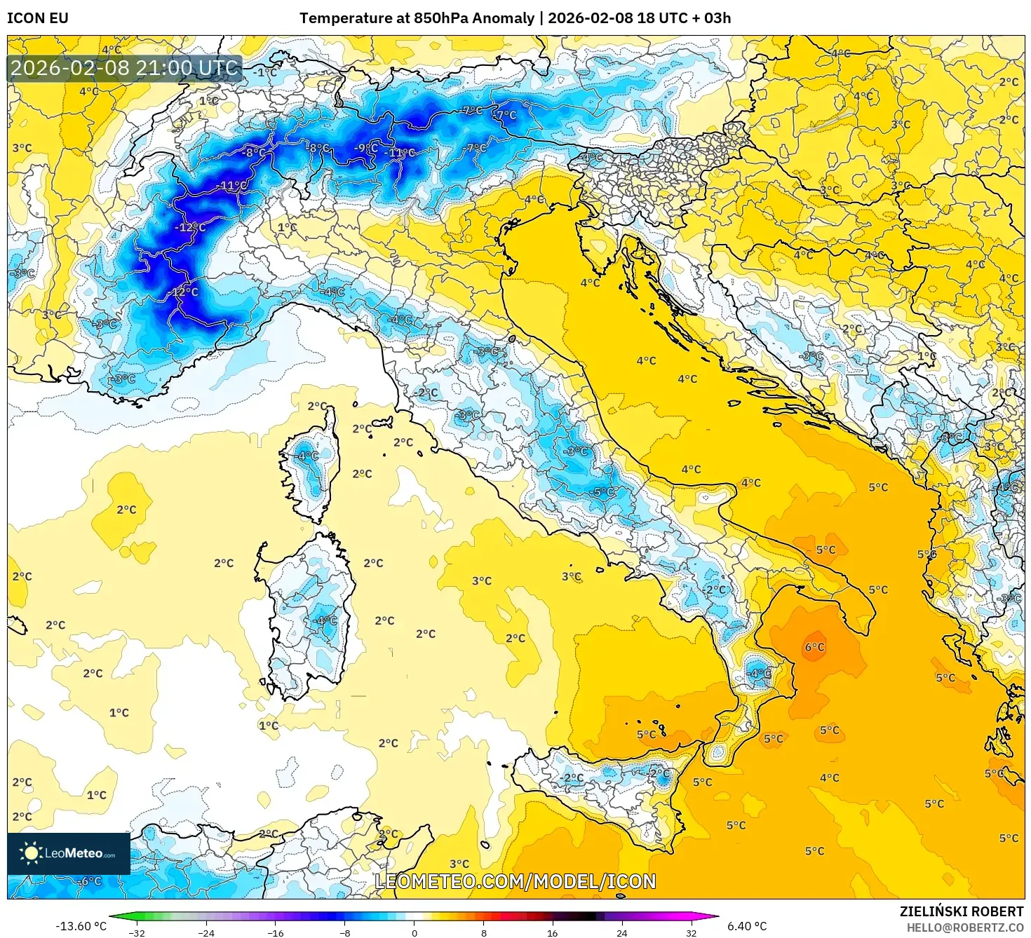 ICON model - Italy, Temperature at 850hPa Anomaly