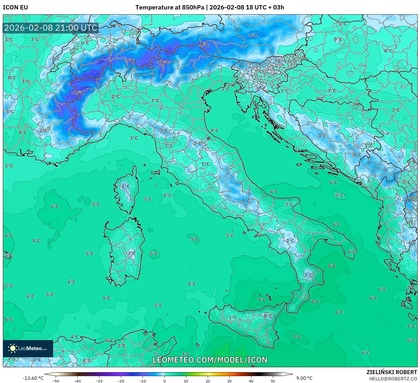 ICON model - Italy, Temperature at 850hPa