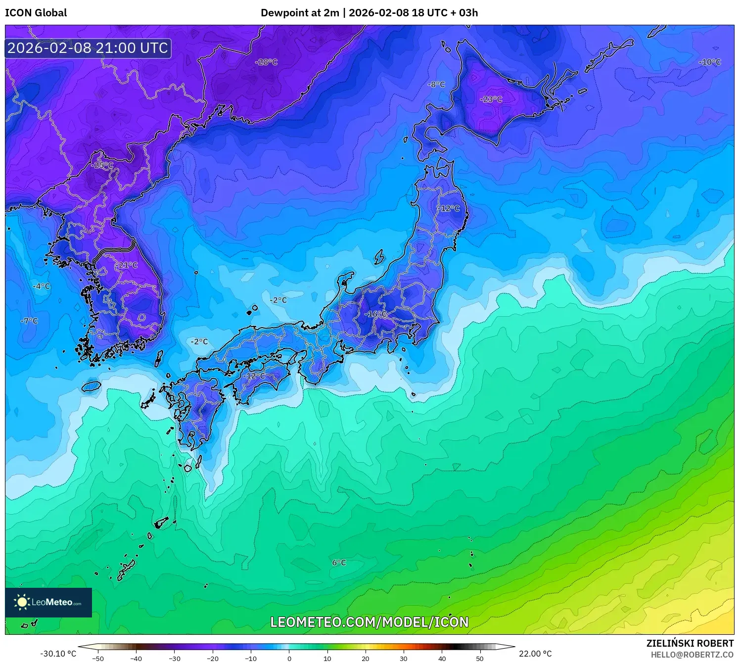 ICON model - Japan, Dewpoint at 2m