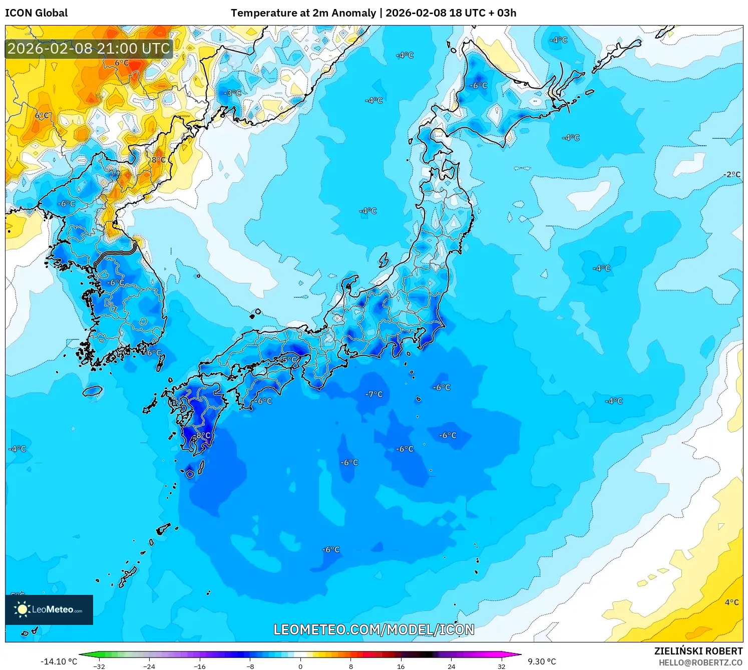 ICON model - Japan, Temperature at 2m Anomaly