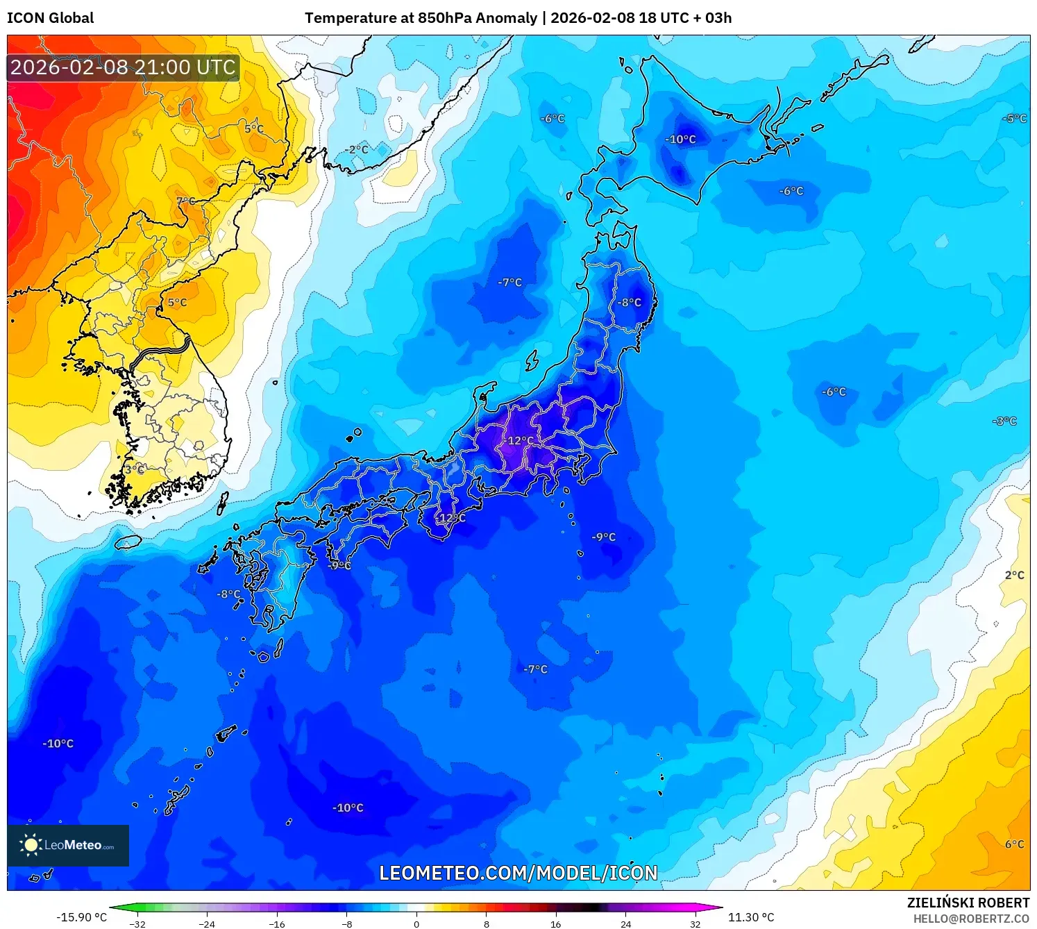 ICON model - Japan, Temperature at 850hPa Anomaly