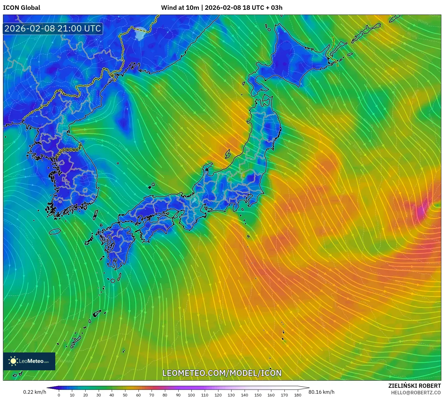 ICON model - Japan, Wind at 10m