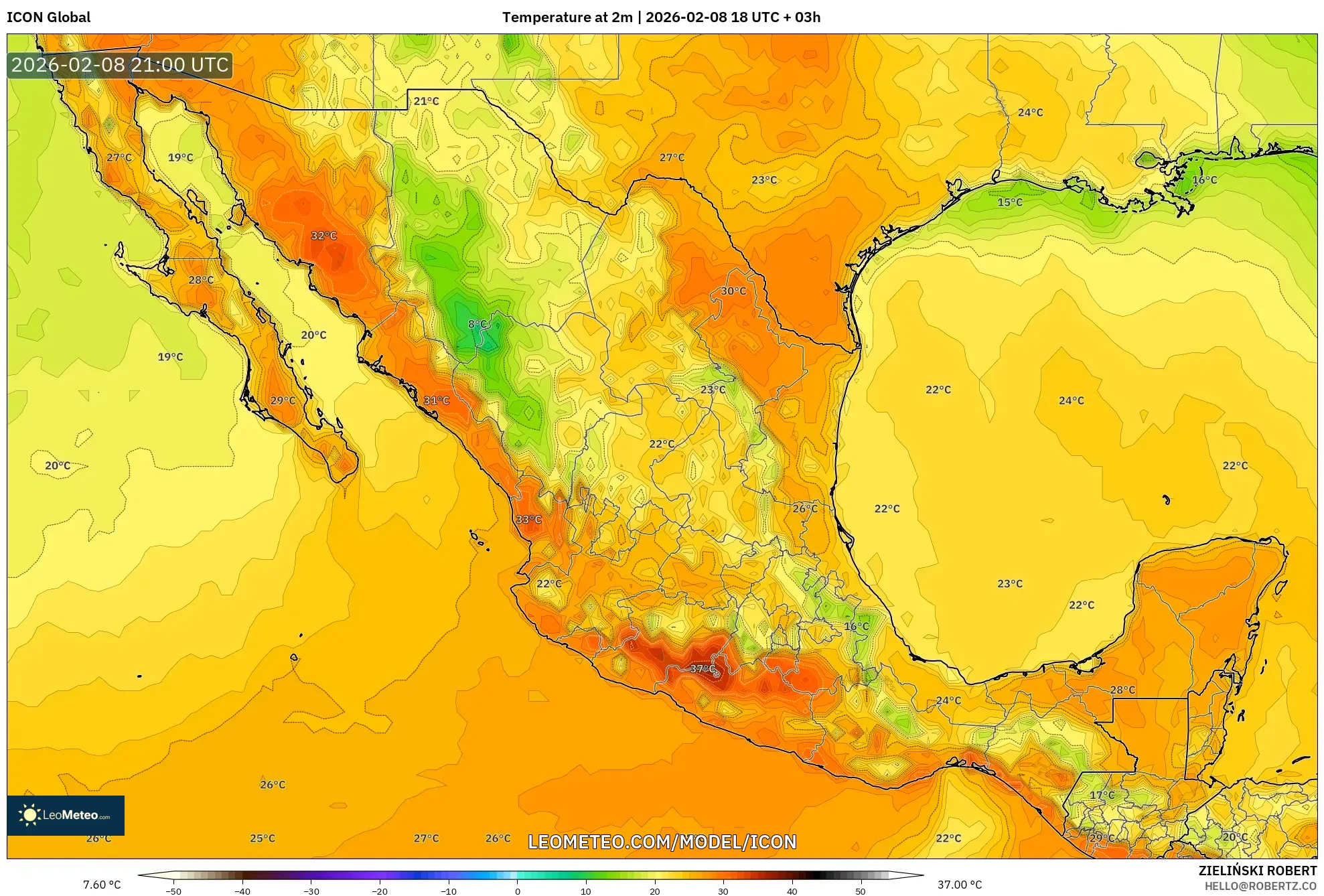 ICON model - Meksiko, Suhu 2 m