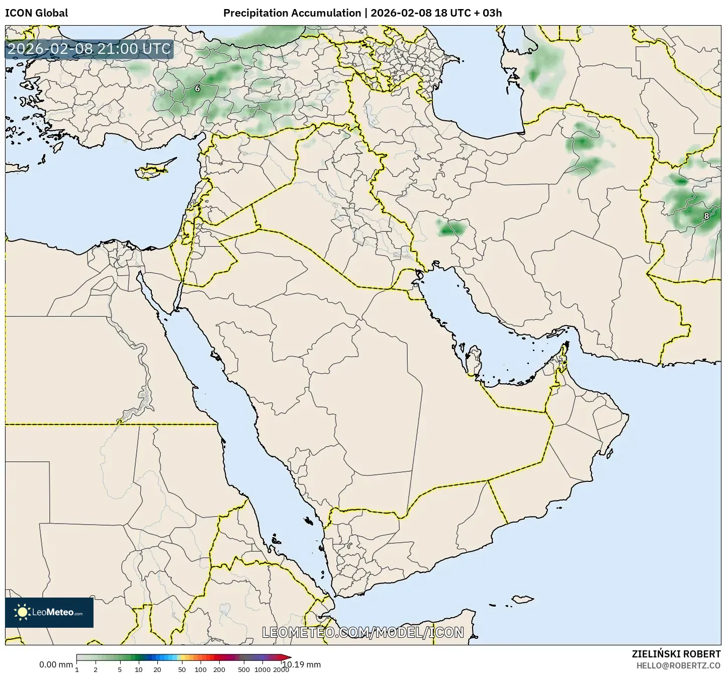 ICON model - Timur Tengah, Akumulasi Curah Hujan