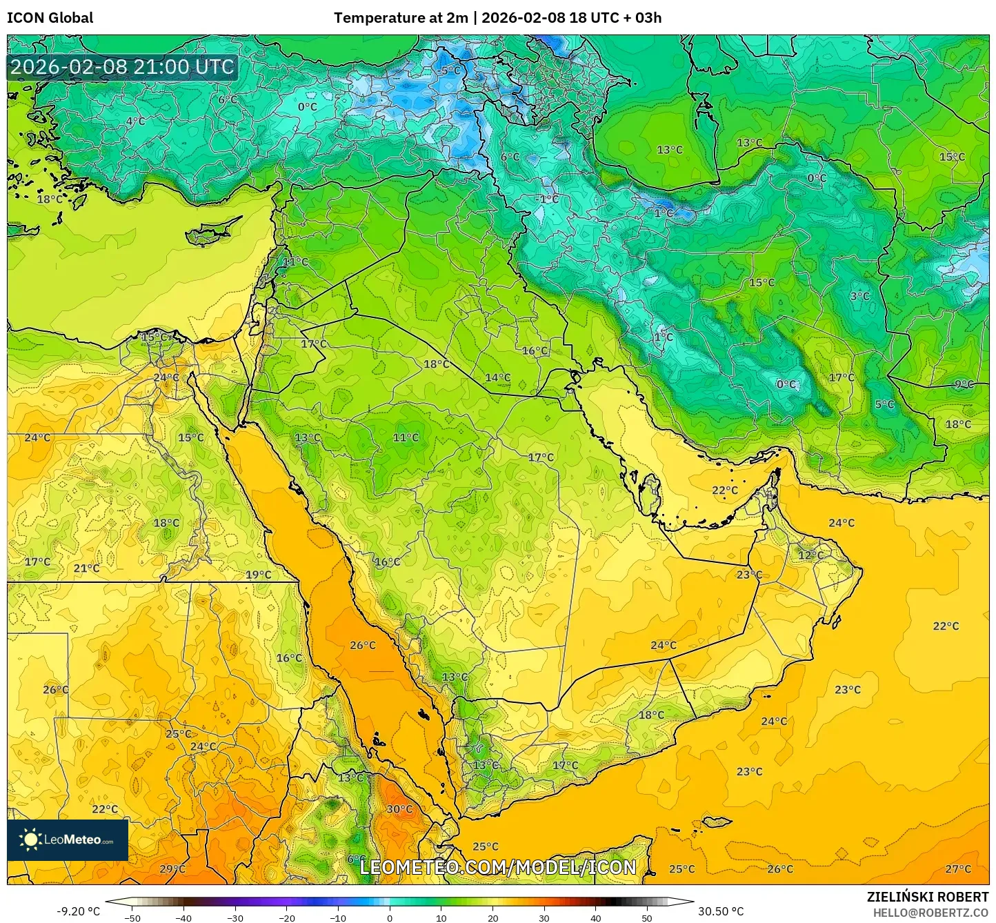 ICON model - Middle East, Temperature at 2m