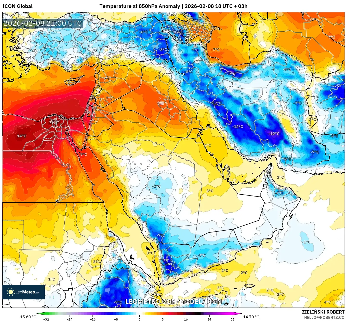 ICON model - Middle East, Temperature at 850hPa Anomaly