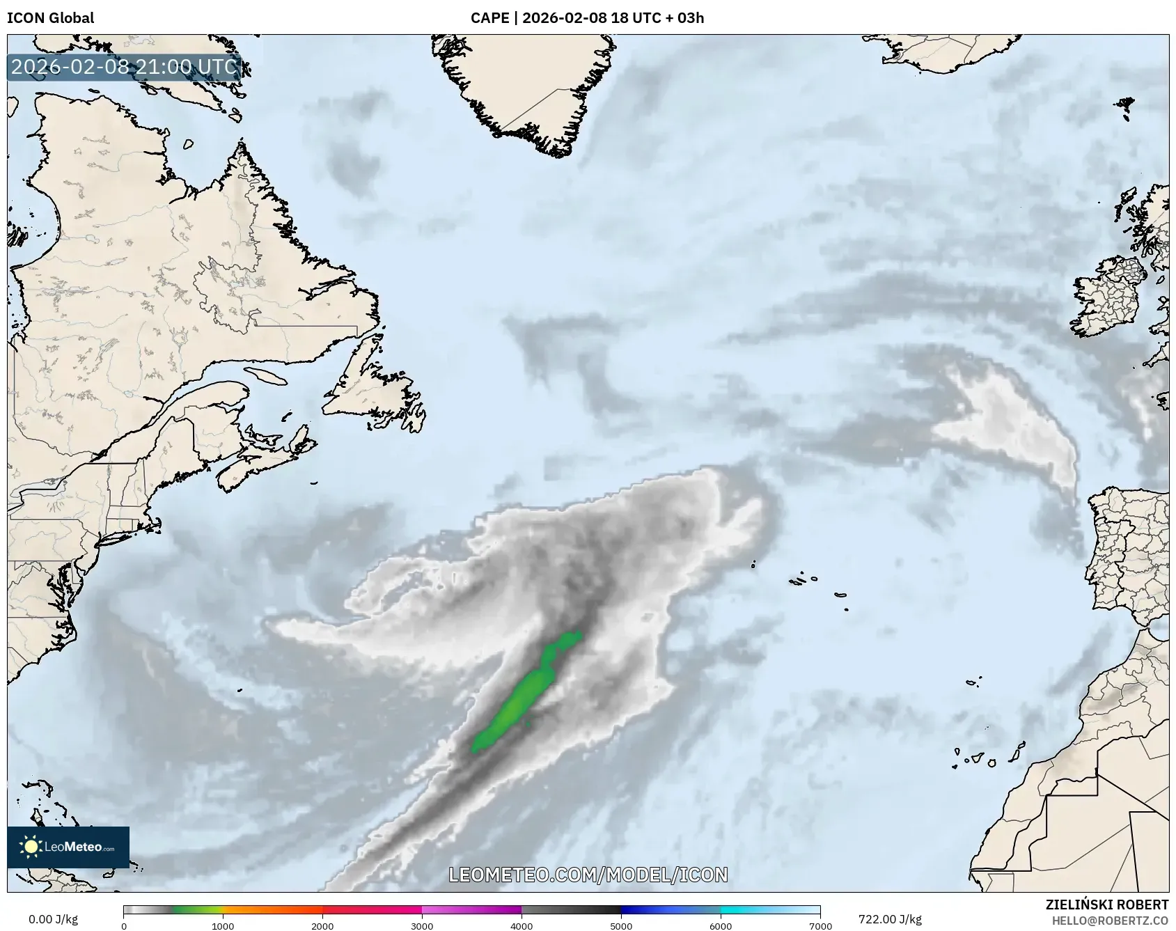 ICON model - North Atlantic, CAPE
