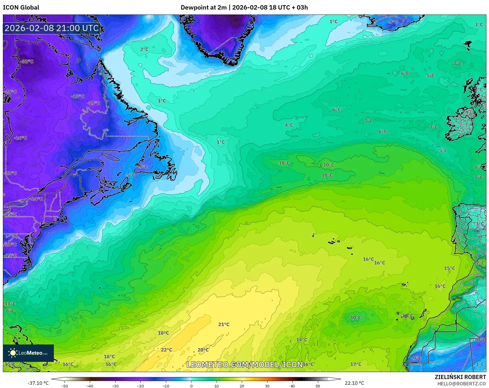 ICON model - North Atlantic, Dewpoint at 2m