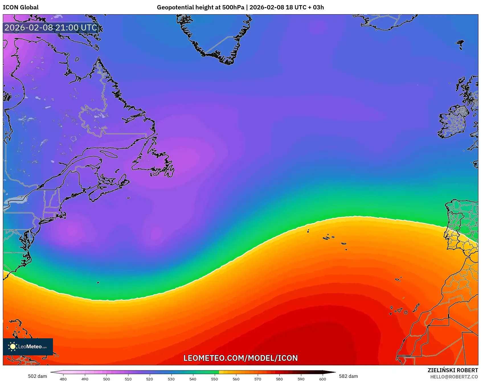 ICON model - North Atlantic, Geopotential height at 500hPa