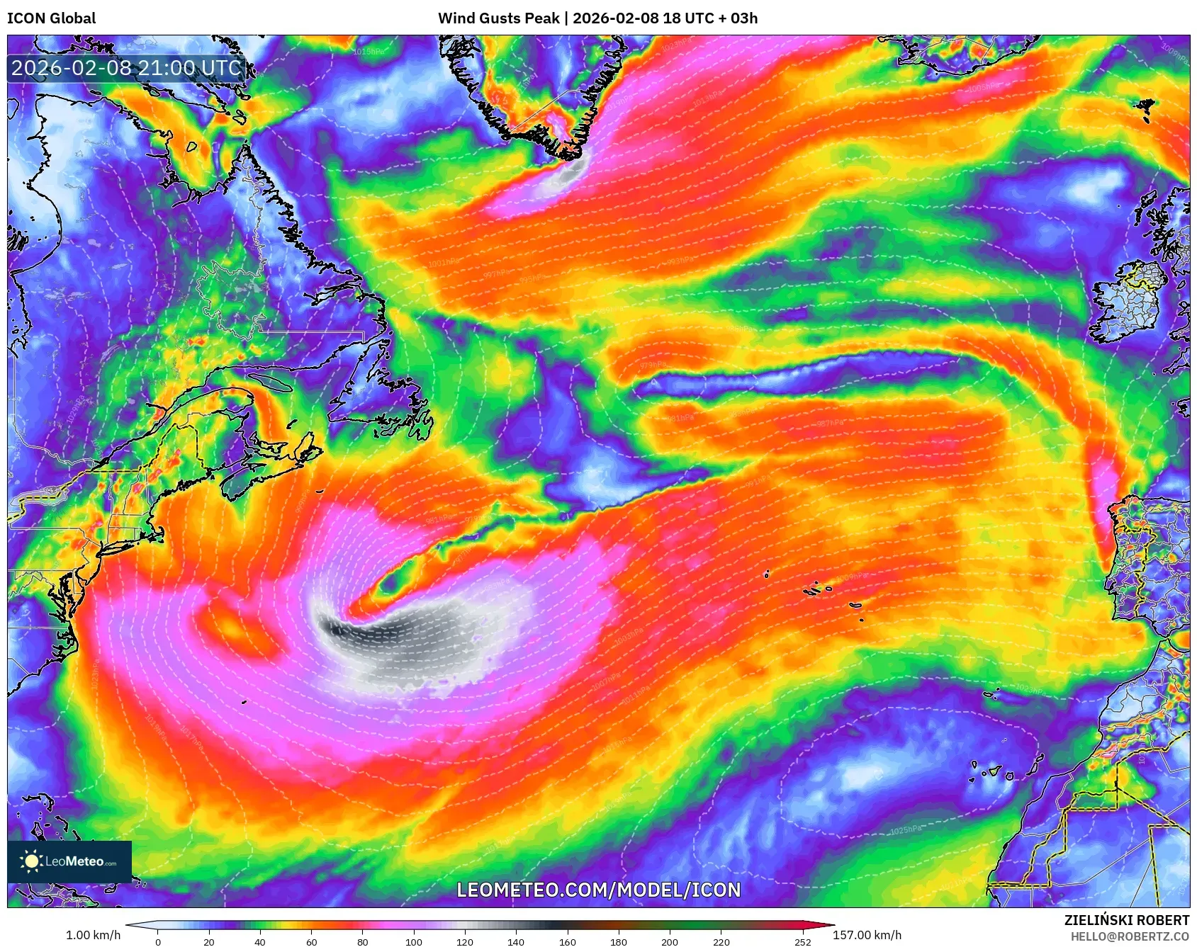 ICON model - North Atlantic, Wind Gusts Peak