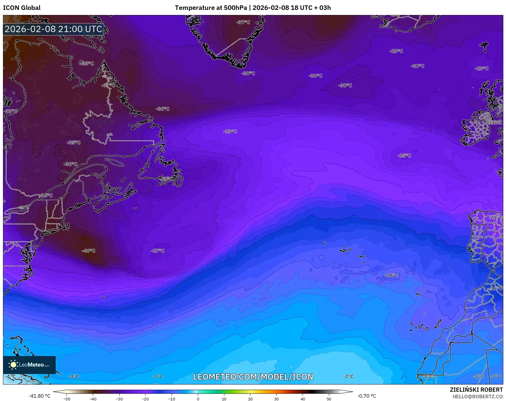 ICON model - North Atlantic, Temperature at 500hPa