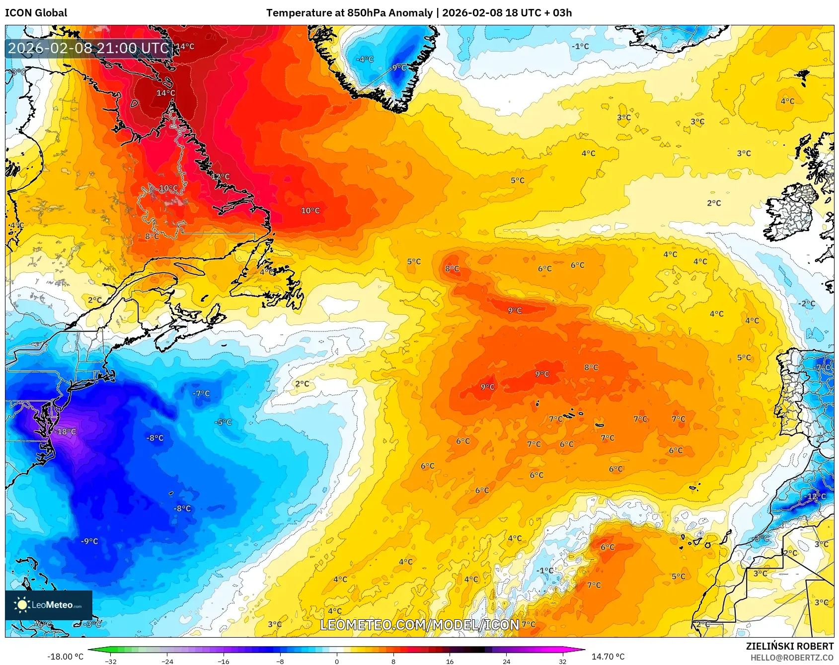 ICON model - North Atlantic, Temperature at 850hPa Anomaly