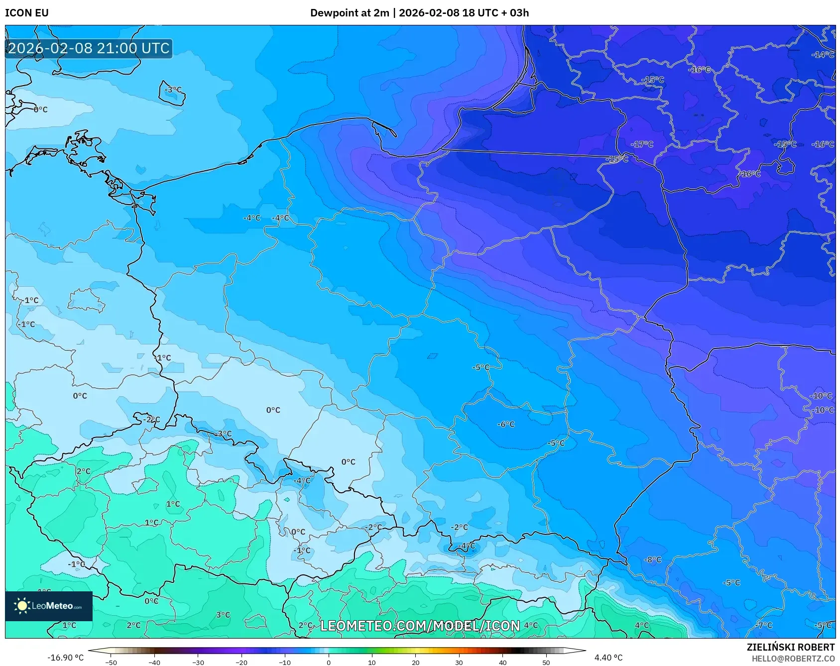 ICON model - Poland, Dewpoint at 2m
