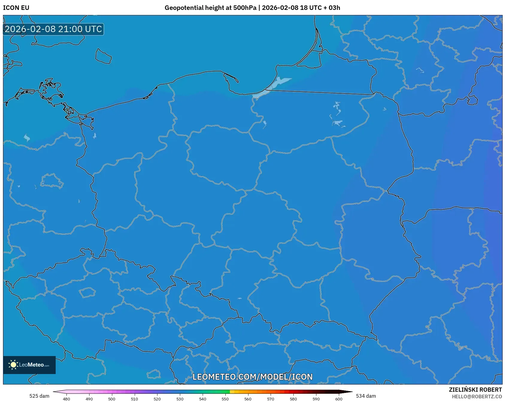 ICON model - Poland, Geopotential height at 500hPa