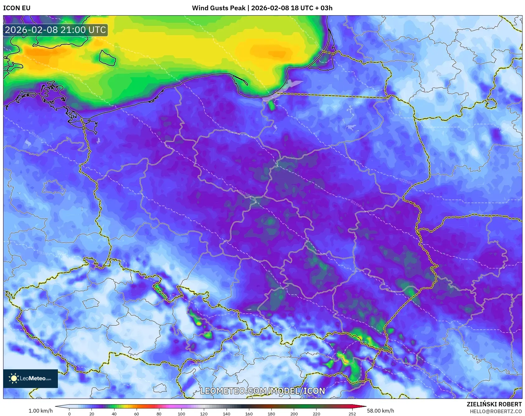 ICON model - Poland, Wind Gusts Peak