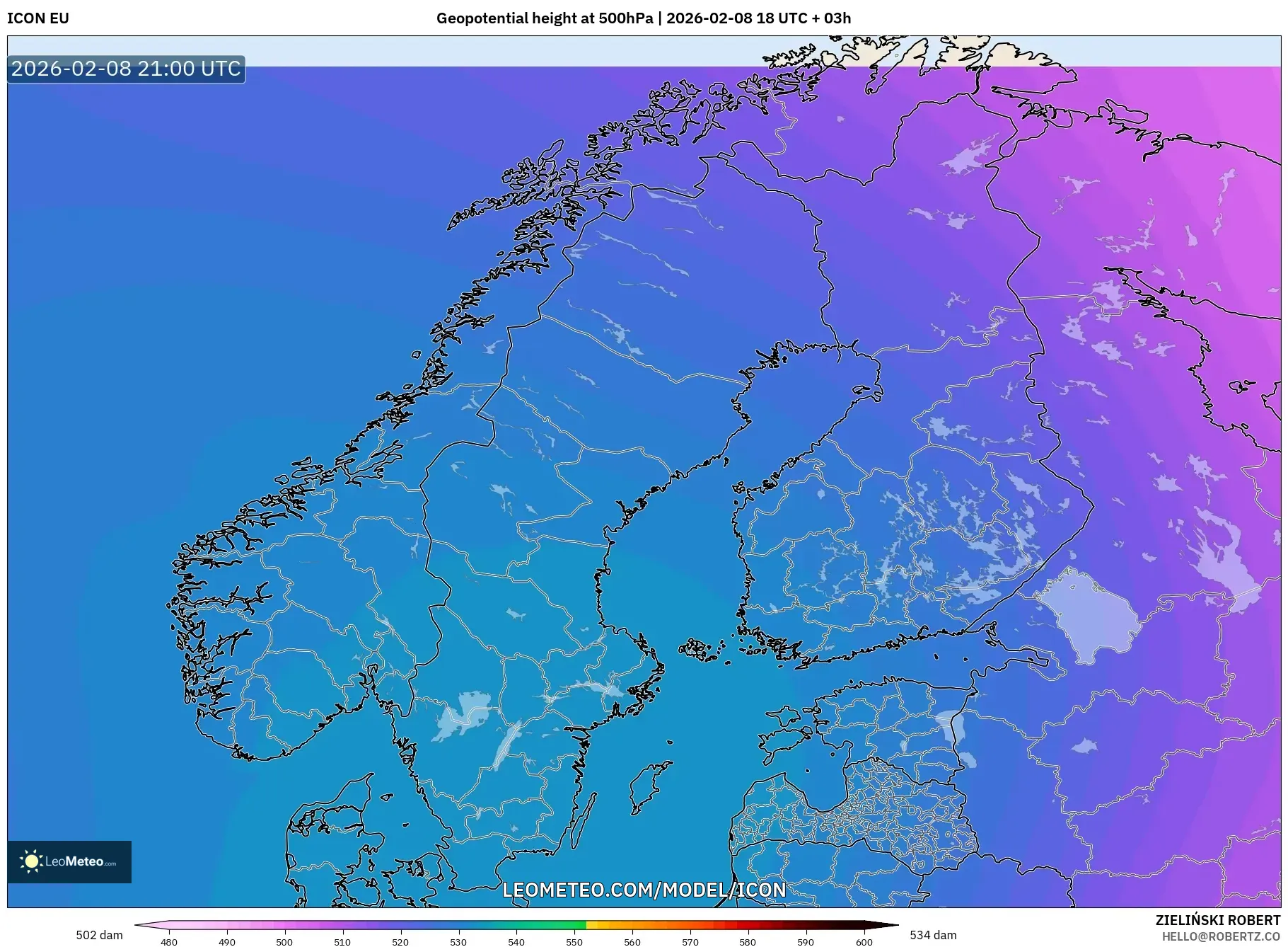 ICON model - Scandinavia, Geopotential height at 500hPa