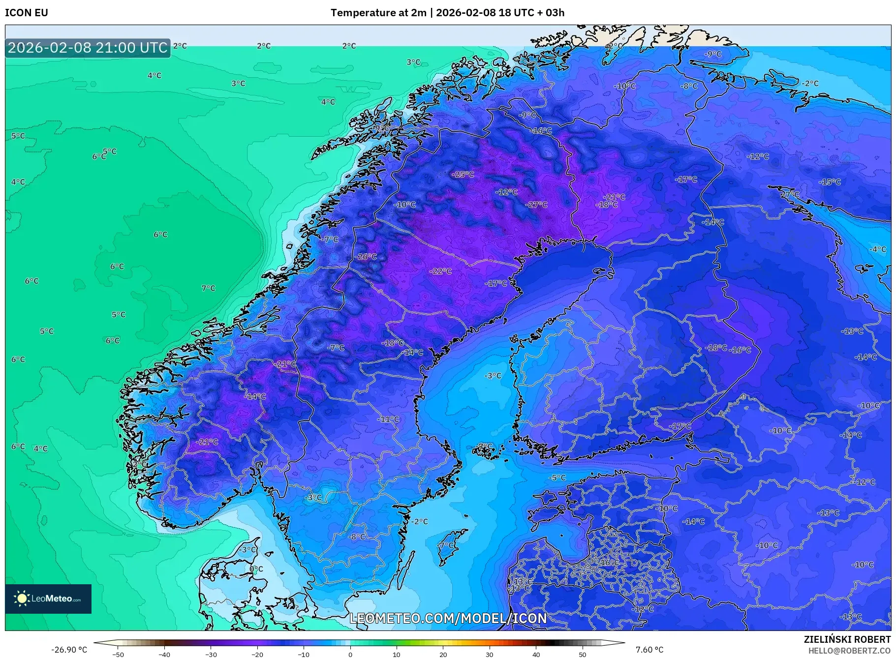 ICON model - Scandinavia, Temperature at 2m