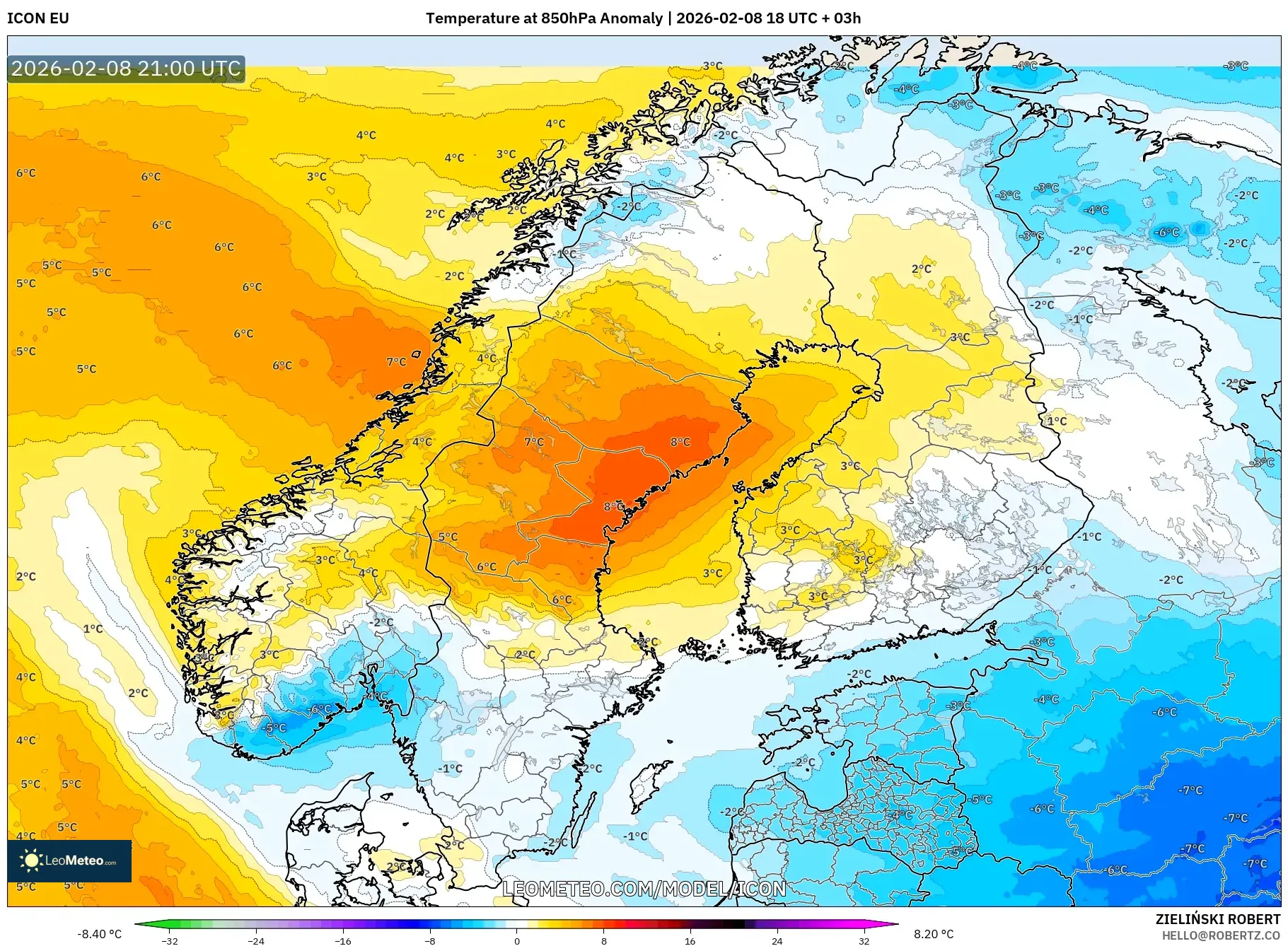 ICON model - Scandinavia, Temperature at 850hPa Anomaly