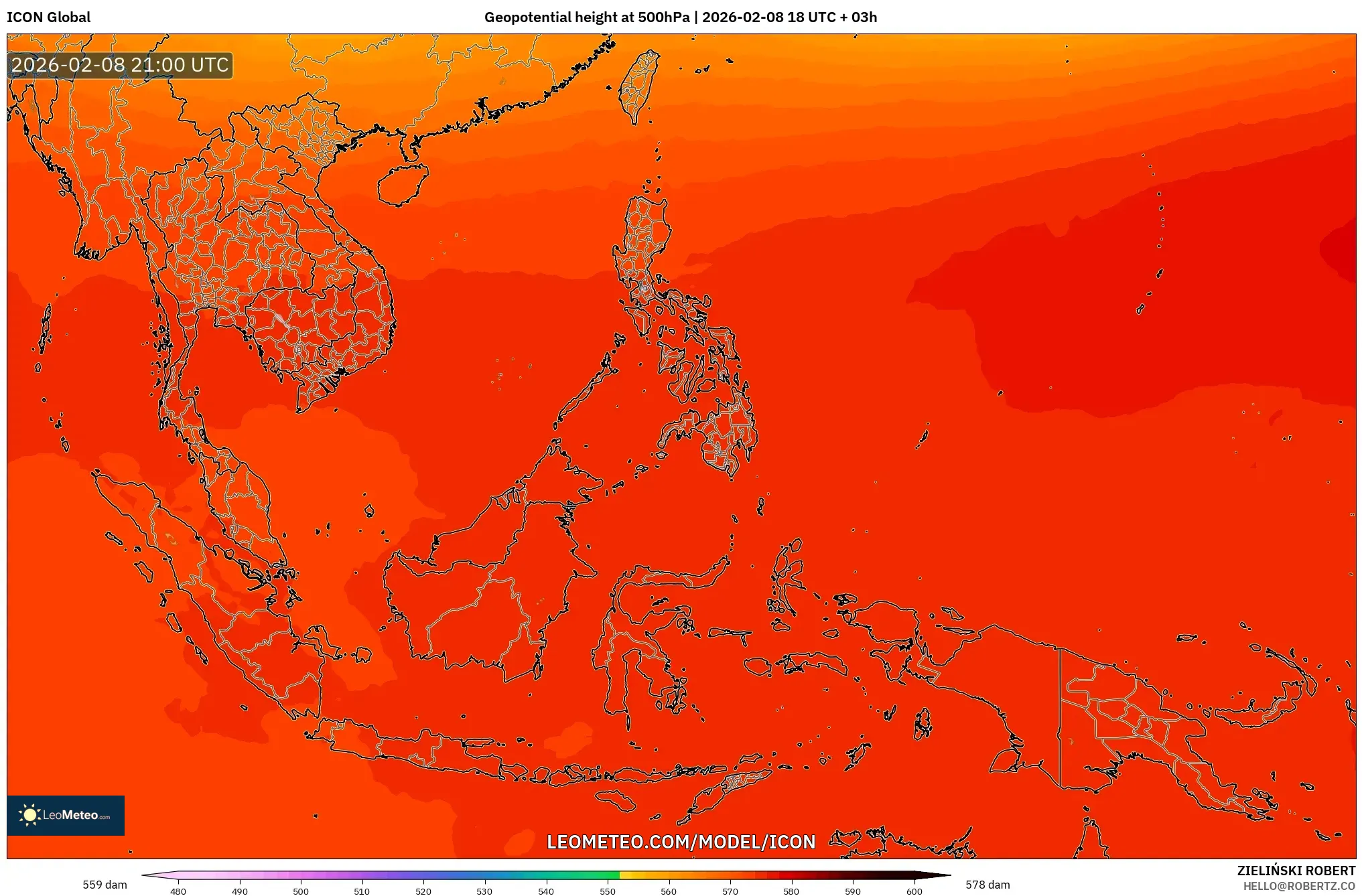 ICON model - South East Asia, Geopotential height at 500hPa