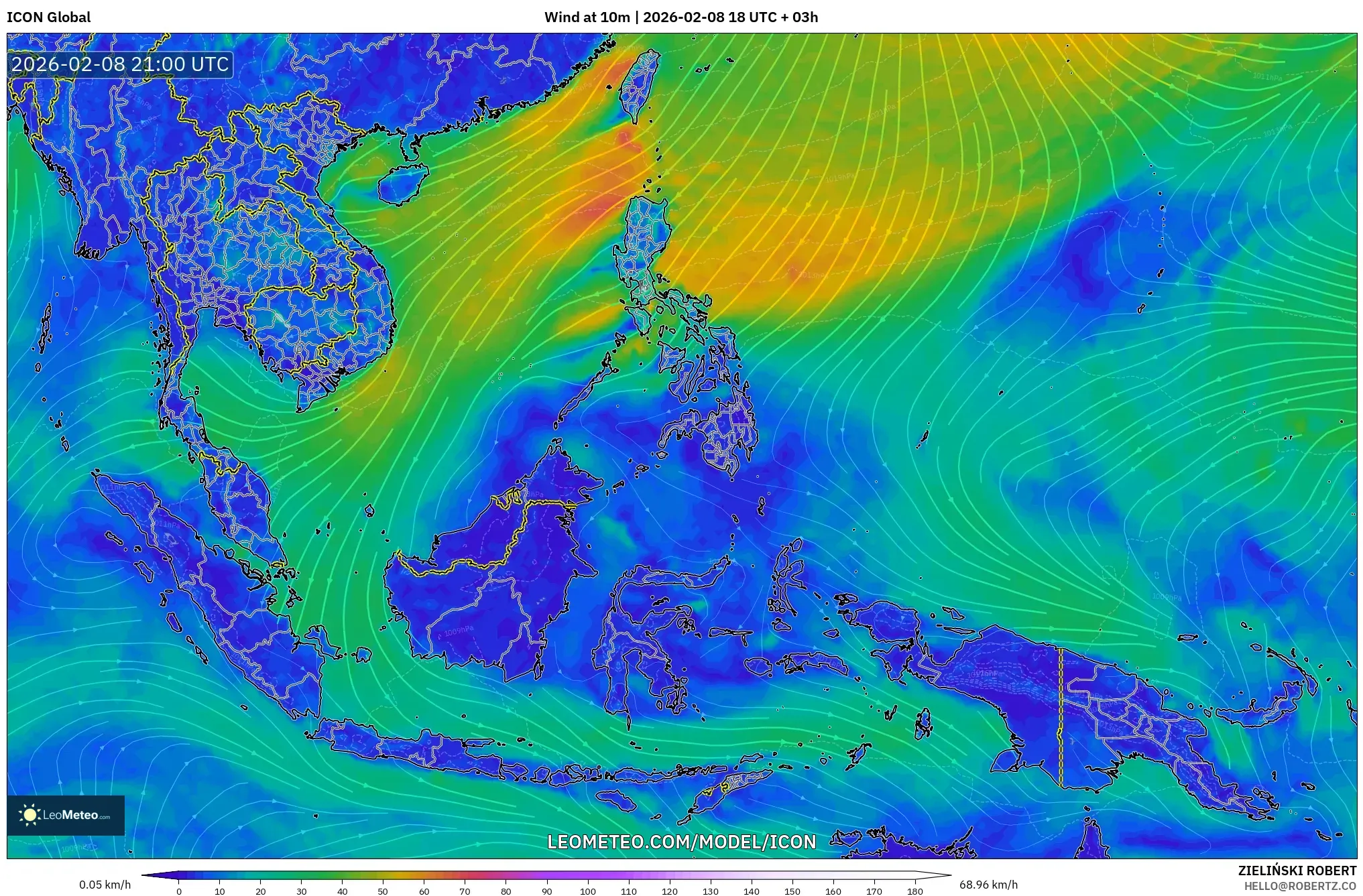 ICON model - South East Asia, Wind at 10m