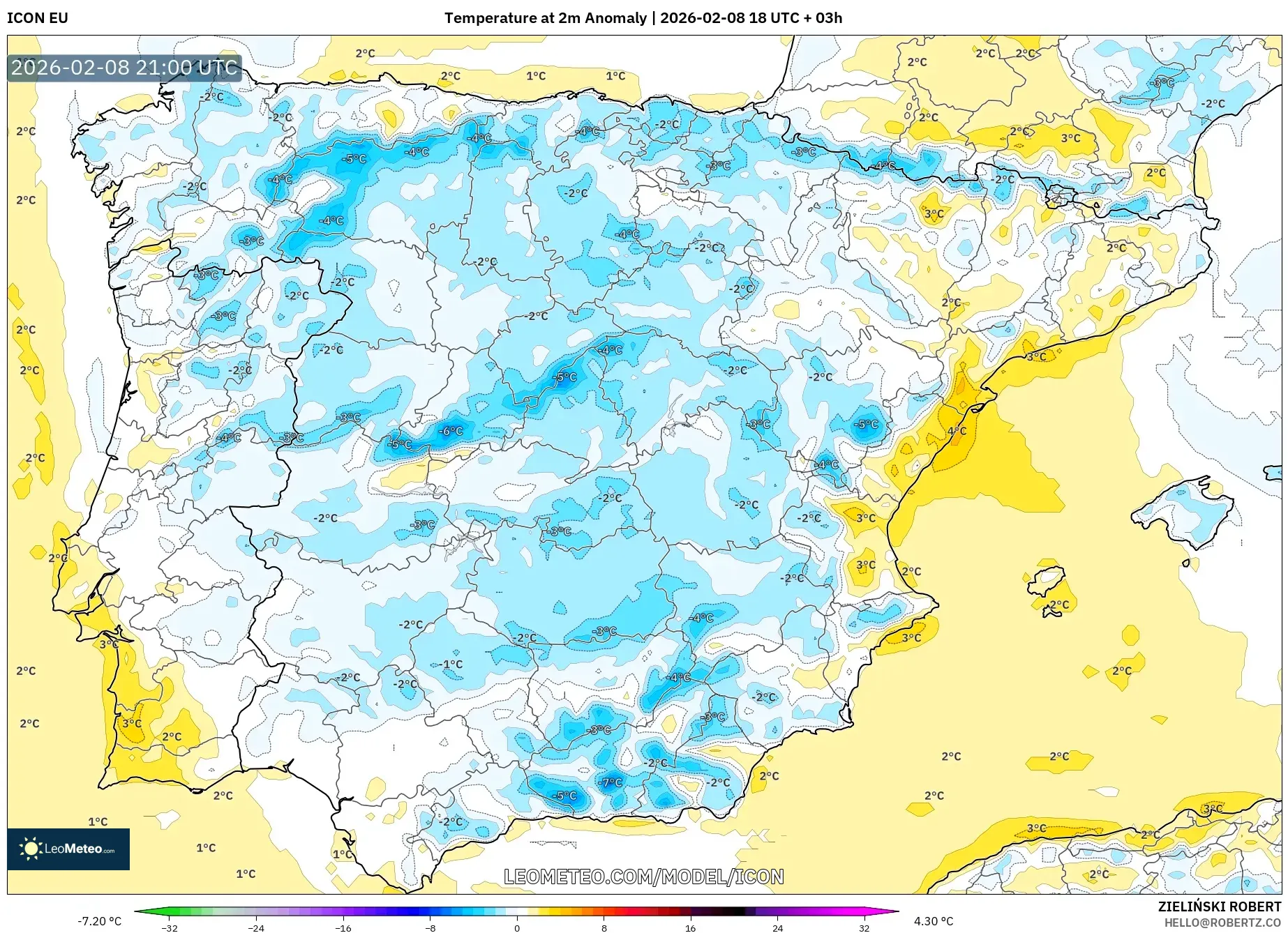 ICON model - Spain, Temperature at 2m Anomaly