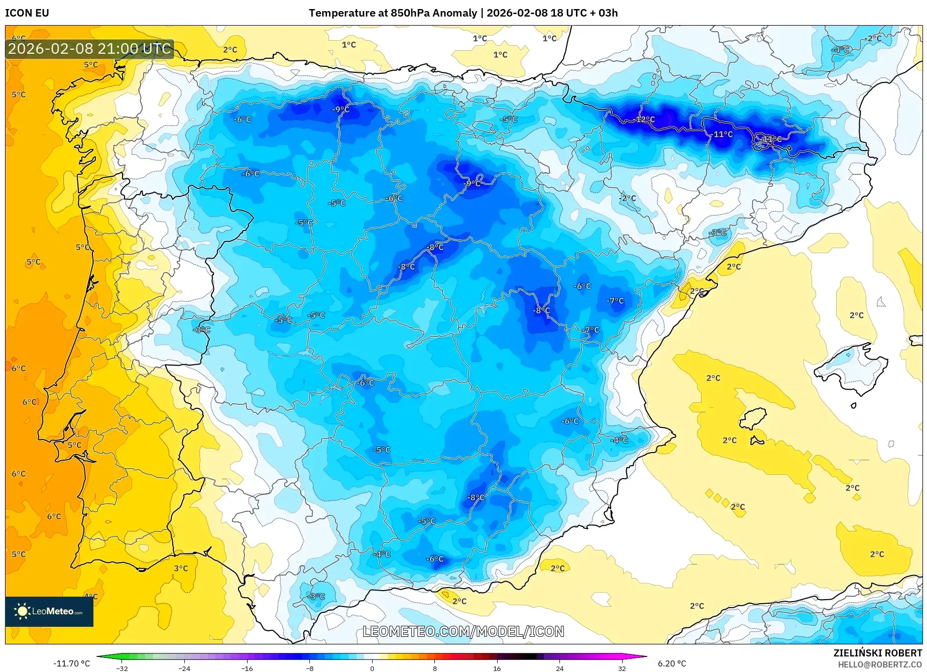 ICON model - Spain, Temperature at 850hPa Anomaly